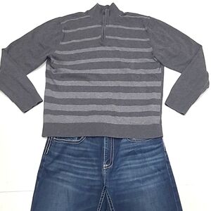 Alfani Mock Neck Striped Sweater 1/4 Zip Stand Up Fold Down Collar Ribbed Hem